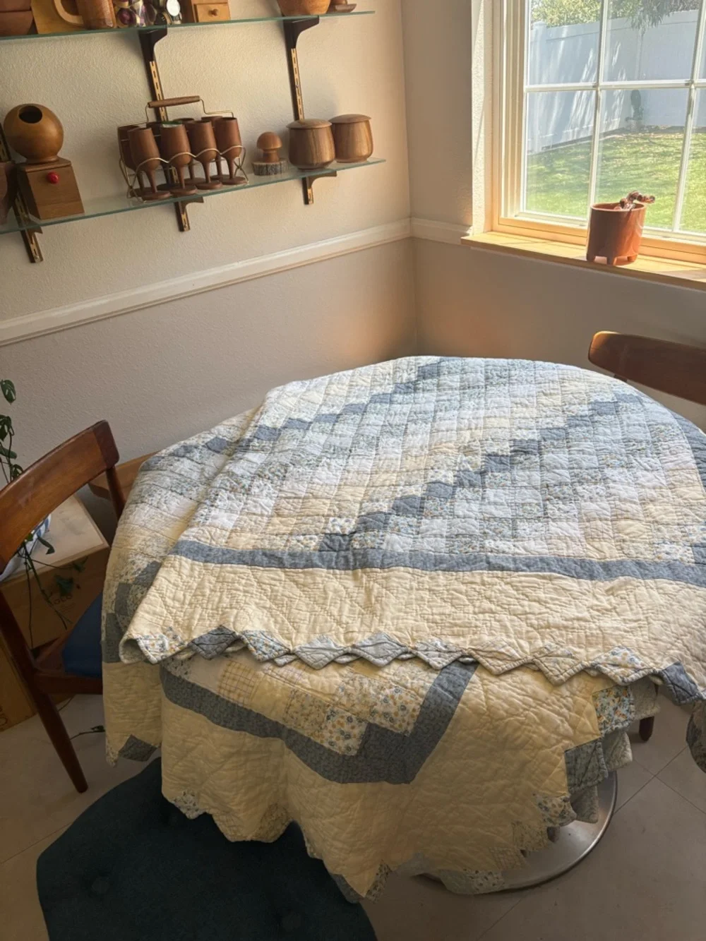 Classic Quilted Bedspread in Cream and Light Blue Handmade Vintage